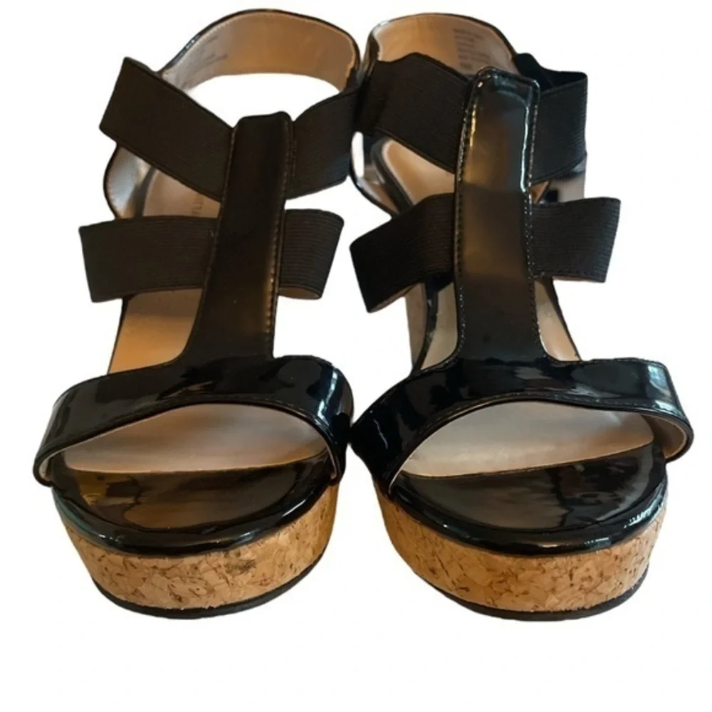 Adrienne Vittadini Chari Cork‎ Wedge Platform Strappy Sandals Black 9 NWOB